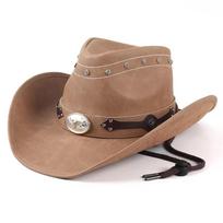 Classic Western Men's Cowboy Hat Women Cowgirl Cap Faux Leather Black Outdoor Gentleman Sombrero Hombre With Windproof Rope About 56-59cm