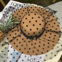 Women's Floppy Straw Hat Wide Brim Polka Dot Lace Sheer Beach Sun Hat Summer 55-60cm chaki
