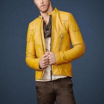 Noora Men's Leather Jacket Slim Fit Biker Motorcycle Genuine Lambskin Yellow Jacket XS geltona