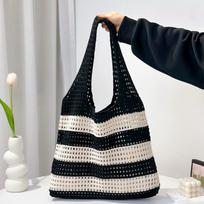 Megztos petinės rankinės moterims, tuščiavidurės pintos nertos rankinės, mezgimo rankinės, didelės talpos pirkinių krepšiai 36x2x35cm juoda/balta