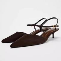 Rudi Dirbtinio Suede Smailianosiai Aukštakulniai Moterims Madingi Su KulniukuKrepšeliu Kulniuku Dizainerio Batai Unikalūs Metaline Sagtis Slingback Batai 35 ruda