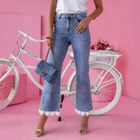 High-waisted slim-fitting jeans, women's small fresh trousers, lace trousers S šviesiai mėlyna spalva