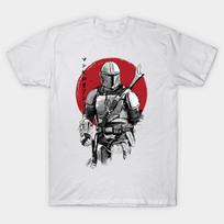 Asian Size Men Black Print T-shirt Mandalorian Bounty Hunter Sumi E No-Cut Heat Transfer Print Cotton Tshirt XL balta