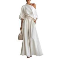 Women's Cotton Linen 2 Piece Sets Casual One Shoulder Half Sleeve Top And Wide Leg Pants Summer Vacation Lounge Outfits S balta
