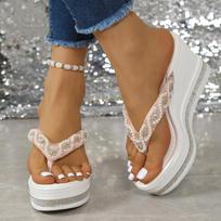 Light Luxury Rhinestone Slope Flip-flops Thick-soled Height-increasing Women's Summer Casual Outerwear Slippers, Women Shoes 35 rožinė