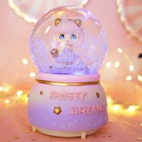 Rotating Crystal Ball Music Box with Snow, Cute Princess Girl, Heart Design, Night Light Birthday Gift
