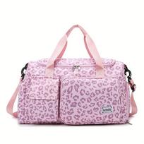 Large Capacity Stylish Leopard Print Travel Duffel Bag, Casual Sports Gym Bag with Shoe Compartment, Spacious Overnight Carry-On Handbag rožinė