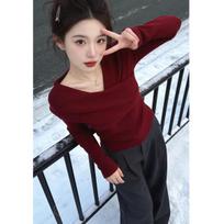 Korean Red V-Neck Long-Sleeve Women's T-Shirt, Spring Chic Slim-Fit Top for Layering M raudona