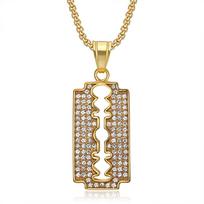 Punk Rock Razor Blade Pendant Necklaces Male Gold Color Stainless Steel Chain for Men Women Hip Hop Iced Out Bling Jewelry Gift 55cm