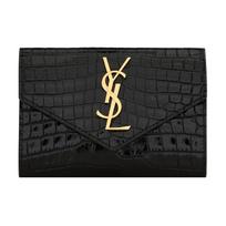 Saint Laurent Ysl Cassandre Gold Logo Glossy Crocodile Embossed Leather Envelope Wallet Small Women Wallet Black 748463-DND1J-1000 Basic Set (Bag+Dust Bag)