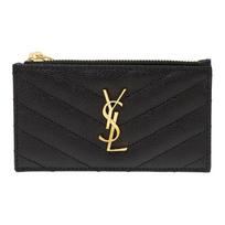 Saint Laurent Ysl Cassandre Gold Logo Zipper Grainy Embossed Quilted Leather Card Holder Coin Purse Women Wallet Black 607915-BOW01-1000 Box(Basic Set+Box)