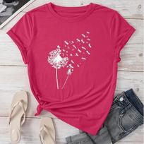 Dandelion Print Crew Neck T-Shirt Casual Short Sleeve T-Shirt For Spring & Summer Women's Clothing XS violetinė