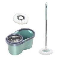 Spin Mop kibiro rinkinys su 2 pakaitiniais skudurais nerūdijančio plieno rankena, besisukanti sistema, sausa šlapia šluostė buitiniam valymui žalia