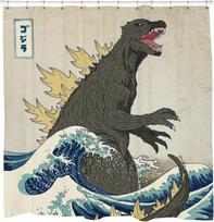 Godzilla Shower Curtain Set With Japanese Wave Design – Cool, Crazy Bathroom Shower Curtains, Hooks Included, Durable Fabric W60H190(CM)-1 Pcs