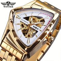 WINNER Triangle Skeleton Mechanical Watch Steampunk Swiss Design Vintage Watches Mens Luxury Stainless Steel Mens Automatic Male Watch auksas/balta