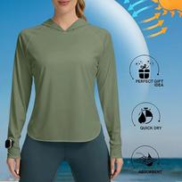 Women's UPF 0+ Long Sleeve Hooded Rash Guard UV Quick Dry Sun Shirt Lightweight Hoodie Top For Hiking Beach Outdoor L armijos žalia spalva