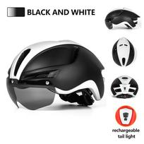 Eastinear 2023 New Road Mountain Bike Helmet Adult Men's Outdoor Sports Cycling Safety Hat With LED Charging Taillight Goggles 57-62CM juoda balta spalva