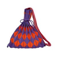Retro Pleated Shoulder Bag Drawstring Closure Tote Color-Blocking Knitted Foldable Shoulder Tote for Shopping Street Vacation