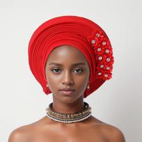 Vestuvinė Raudona Daugiasluoksnė Turbaninė Kepurė Afrikietiški Vėduoklės Formos Galvos Apdangalai Klostuoti Galvos Apdangalai Su Kristalais Nigerijos Galvos Juosta Auto Gele