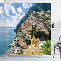 Positano Italija Dušo užuolaida Viduržemio jūros pakrantės vaizdas Paplūdimio miestelio dekoras Kelionės tema Linas180X230 W60H190(CM)-1 Pcs