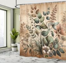 Vintage Shower Curtain, Medieval Botany Art Inspired Leafy Garden Huddle On Earth Tone Back, Cloth Fabric Bathroom Dec W60H190(CM)-1 Pcs gray