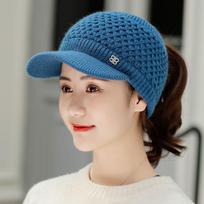 Moteriška rudens vilnos kepurė su uodega Beisbolo kepuraitės Moteriškos žieminės storos šiltos susuktos megztos kepurės Visor Gorros pupelės Moteriškos kepurės mėlyna