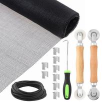 6 viename tvirtas lango tinklelio durų remonto rinkinys - Plieninio/nailoninio volelio su guoliu, 32 pėdų sandarinimo juostelės, nuėmimo kabliuko, 8 spaustukų ir juodo tinklelio rinkinys 1.2 x 3M black