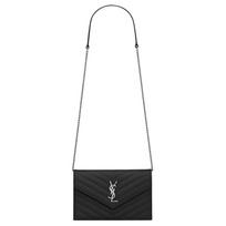 Saint Laurent Ysl vokelio formos piniginė su grandinėle, juoda, su sidabro spalvos logotipu, dygsniuota, reljefine grūdėta oda, moteriška rankinė per petį 393953BOW021000 Basic Set (Bag+Dust Bag)
