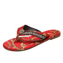 Sexy Flip-Flops Women's Slippers New  Fashion Printing Flat Flip-Flops Outdoor Slipper Flat Slippers Women  Large Size  Sandals 35 raudona
