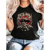 Moteriški Vintažiniai Roko ir Rolo Mikrofonas Su Burna Grafinis Marškinėliai - Laisvalaikio Apvalios Kaklo Trumpomis Rankovėmis T-shirt Vasaros Mada Visų Sezonų Viršus M