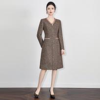Chic Socialite Gold Thread Herringbone Wool Dress with Rhinestone Collar for Women Extra Large chaki