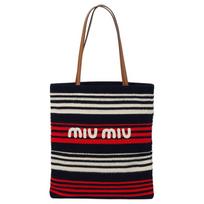 Miu Miu Išsiuvinėtas Logotipas Nertas Audinys Pirkinių Krepšys Moteriški Pirkinių Krepšiai Mėlynas Baltas 5BG248_2CQN_F0YKQ_V_ORO Basic Set (Bag+Dust Bag)