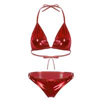 Moterims Metalinis Blizgus Bikini Maudymosi Kostiumas Kaklą Surišamas Liemenėlė O Žiedo Kelnaitės Baseino Vakarėlio Maudymosi Kostiumas Rinkinys One Size raudona