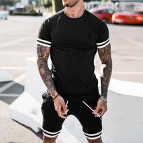 Tracksuit Summer 2 Pieces Men Sets Male Clothing Sportswear Set Fitness Print Men Shorts+T Shirt Mens Casual Suit Plus Size M juoda