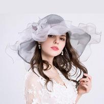 Moteriška permatoma organzos vestuvinė skrybėlė su plačiu krašteliu ir šydu - Elegantiška Kentucky Derby bažnytinė skrybėlė nuotakai, jaunikio motinai, oficialiam P 54-58 cm kava