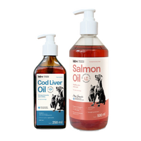 Lab-v menkių kepenų aliejus - 100% menkių kepenų aliejus šunims ir katėms 250 ml + Lašišų aliejus šunims ir katėms 500ml