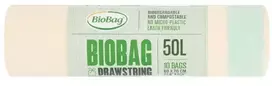 Kompostuojami maišai atliekoms su užtraukiamu viršumi BioBag 50L (10 vnt. ritinyje) 25 vnt. 60x70cm žalias