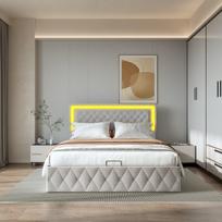 Minkšta dvigulė lova 140×200 cm su hidrauliniu daiktų laikymu ir LED apšvietimu – aksominė lova su paminkštintu galvūgaliu, smėlio spalva