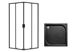 Kvadratinė dušo kabina Besco Zarya su padėklu Oskar, 80 x 80 x 190 cm, Black+Stone Effect Black