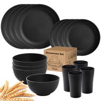Kviečių šiaudų indų rinkiniai, įskaitant lėkštes ir dubenis 8 žmonėms, saugūs naudoti mikrobangų krosnelėje ir indaplovėje 16pcs juoda
