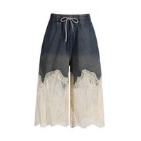 Fashionable Sexy Girl Style Lace Stitching Suspender Top + Drawstring Denim Shorts Women's S