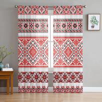 Red Black Pattern Square Leaves White Bedroom Transparent Sheer Curtains Holiday Decoration Window Voile Tulle Curtain 135W x 114H(cm)