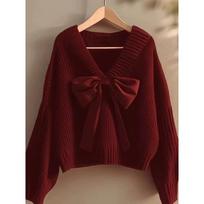 New bow purple knitted sweater lazy style fashion women's autumn new unique good-looking top One size raudona