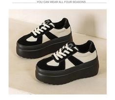 Fashion 8CM Genuine Leather Vulcanize Loafer Spring Autumn Platform Wedge Vulcanize High Brand Comfy Chunky Sneaker Women Shoes 33 juoda