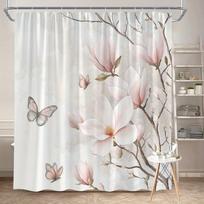 Magnolijos Gėlės Dušo Užuolaida Rožiniai Drugeliai Botaninis Spaudinys Vonios Dekoras Elegantiškas Gėlių Dizainas Vandeniui Atspari Vonios Užuolaida W60H190(CM)-1 Pcs white