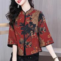 Women's Chinese Style Peony Print Short Jacket Mandarin Collar 3/4 Sleeve Vintage Blouse L raudona