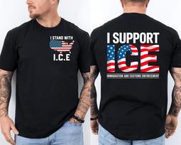 I Stand With ICE Pro ICE Trump Support Patriotic Republican US Flag 2 Sided Tee Unisex T-Shirt L white