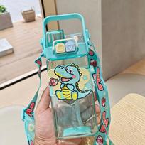 520ml Cute Kids Water Bottle With Straw And Strap Outdoor Portable Plastic Cartoon Water Cup Children Camping Water Bottle Sports Double Drinking Cup 520ml