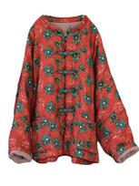 Johnature Women Vintage Print Gėlėti Parkai Kinietiško stiliaus Lininiai paltai Žieminiai Ilgomis Rankovėmis Kišenės Moteriški Šiltas Paltas One Size raudona