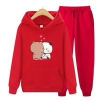 Bubu And Dudu Drink Bubble Tea Print Women Hoodie Set Kawaii Female Sweatshirt Harajuku Loose Long Sleeve Plus Size Clothes S